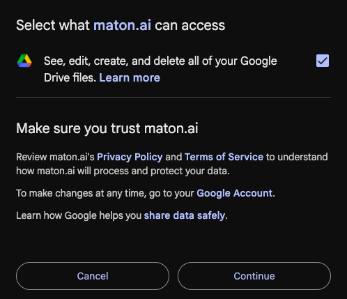 Google Drive permissions screen